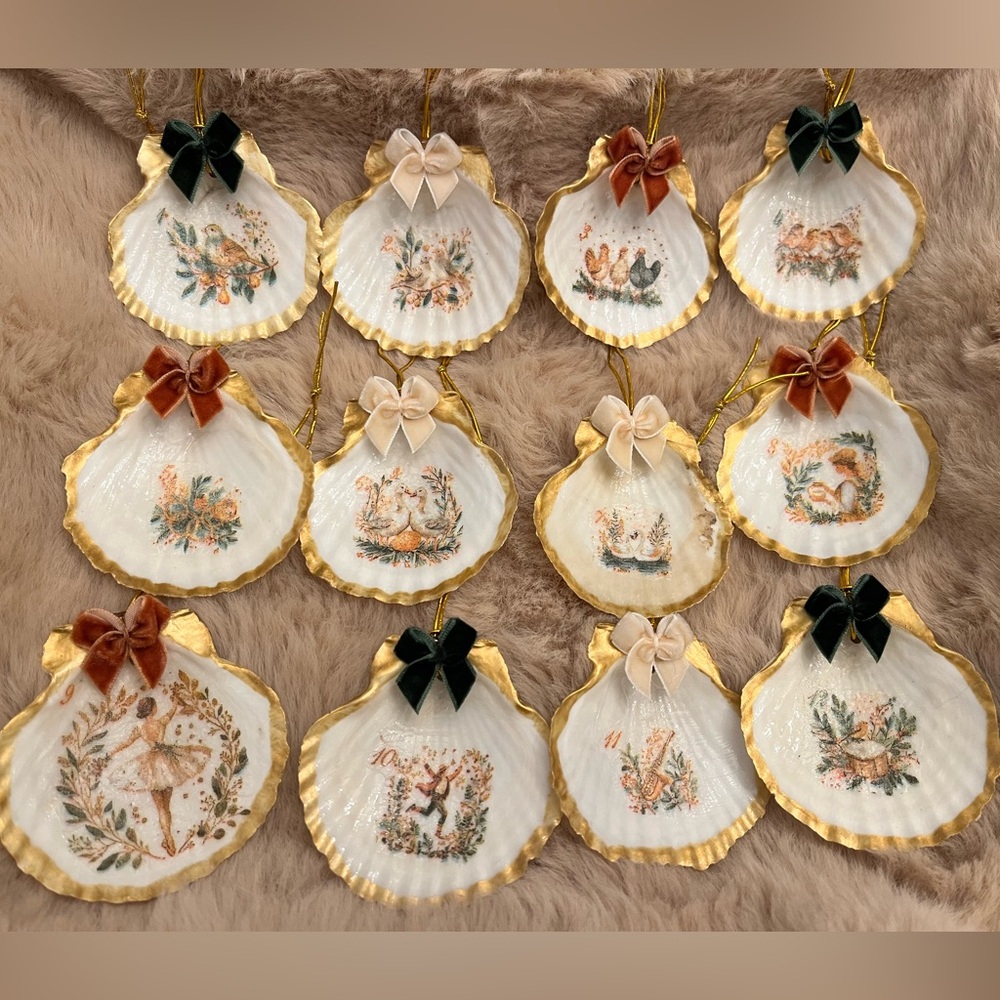 Handmade 12 Days Of Christmas Scallop Shell Ornament Set